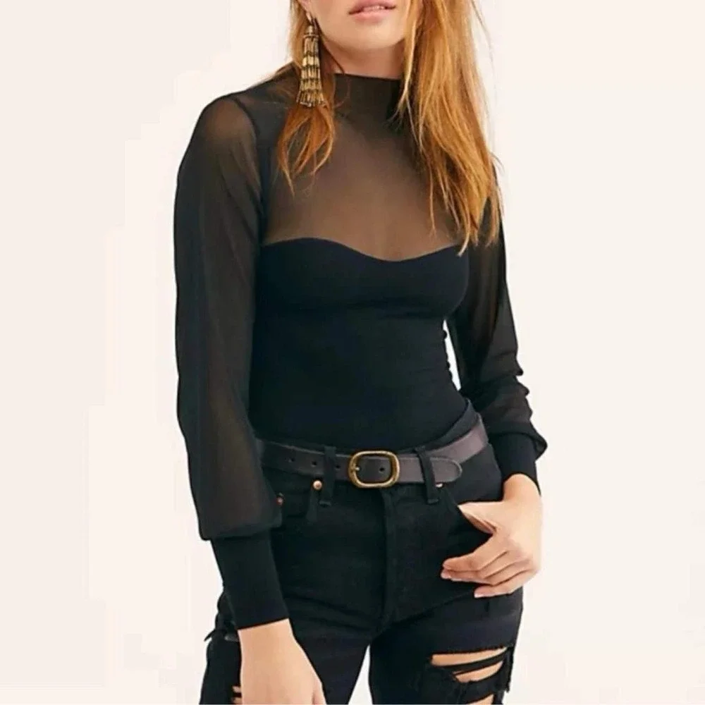 Free People Intimately Mesh Sweetheart Mock Neck Top Long Sleeve Romantic Edgy